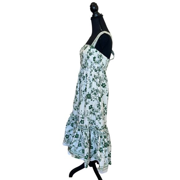 Cara Cara White Green Floral Midi Dress MEDIUM Ruffle Cottagecore Designer $525 - Picture 9 of 14